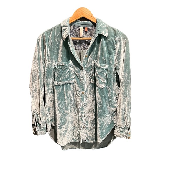 Pilcro Tops - Pilcro Hadley Green Relaxed Long Sleeve Velvet Women's Button Up Top Size 0P